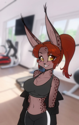anthro blush bra breasts chest_tuft clothing exercise_equipment female fur gym markings solo sports_bra spots spotted_body spotted_fur treadmill tuft underwear yellow_eyes scorpdk mara_(scorpdk) felid feline lynx mammal 2023 hi_res