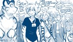 2024 7:4 adobe_photoshop_(artwork) angry anthro armor basitin blue_and_white clothed clothing colored_line_art conditional_dnp convention cosplay costume crowd dialogue digital_media_(artwork) duo_focus english_text fake_ears felid flora_(twokinds) fur fursuit group hi_res holding_bag human humor keidran keith_keiser lanyard mammal monochrome open_mouth open_smile pantherine pauldron question_mark sketch smile striped_body striped_fur stripes teal_line_art teal_monochrome text tiger tiger_trace tom_fischbach trace_legacy twokinds