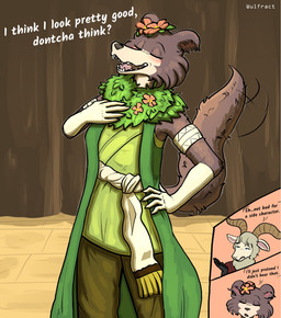 2_horns anthro blush clothed clothing costume dialogue duo female flower_on_head gloves handwear horn humanoid_hands makeup male smile text obscureaccretion beastars juno_(beastars) pina_(beastars) bovid canid canine canis caprine mammal sheep wolf 2026 english_text hi_res