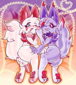 animal_genitalia animal_penis anus butt claws clenched_teeth cute_fangs dipstick_ears duo ear_markings fangs feline_genitalia feline_penis female feral fur genitals hair hair_over_eye hand_holding heart_symbol jack_and_jill leg_grab male male/female multicolored_ears one_eye_closed one_eye_obstructed open_mouth pawpads penis perineum pink_body pink_fur pink_inner_ear pink_pawpads purple_body purple_ears purple_fur purple_inner_ear red_ear_tips red_ears red_pawpads take_your_pick teeth vulva wink justiceposting domestic_cat felid feline felis mammal hi_res