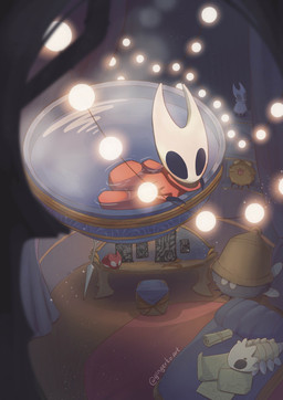 2_horns ambiguous_gender anthro bed black_eyes cloak clothing cogfly duo feral fur furniture horn inside map melee_weapon partially_submerged red_cloak red_clothing weapon wings gingerko hollow_knight:_silksong hollow_knight_(franchise) team_cherry hornet_(hollow_knight) arthropod flea_(hollow_knight:_silksong) 2025 absurd_res digital_media_(artwork) hi_res