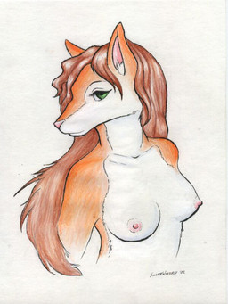 1_eye anthro areola belly biped black_outline black_text breasts brown_hair closed_smile collarbone ears_up eyelashes female female_anthro front_view fur glistening glistening_hair green_eyes hair head_turned inner_ear_fluff long_hair looking_at_viewer medium_breasts mouth_closed multicolored_body multicolored_fur nipples no_eyebrows nude nude_anthro nude_female orange_arms orange_back orange_body orange_ears orange_fur orange_head outline pink_areola pink_inner_ear pink_nipples pink_nose simple_background smile smiling_at_viewer solo standing text three-quarter_view tuft white_background white_belly white_body white_breasts white_chest white_face white_fur white_inner_ear_fluff white_neck white_sclera cindy_mcclusky silverwyvern canid canine fox mammal 2002 artist_name colored colored_pencil_(artwork) dated english_text half-length_portrait mixed_media pen_(artwork) portrait shaded signature source_request traditional_media_(artwork)