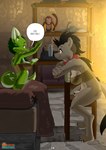 animal_genitalia animal_penis anthro bedroom big_breasts black_body black_fur black_hair blue_eyes bottomless breasts brown_body brown_eyes brown_fur canine_genitalia chair claws clothed clothing dialogue digitigrade duo eyebrows feet fingers fully_sheathed fur furniture genitals green_body green_fur green_hair gynomorph hair half-closed_eyes inside intersex looking_at_another narrowed_eyes navel nipples page_number penis ponytail pubes sheath side_boob sitting size_difference smile spread_legs spreading tail thick_thighs tight_clothing spoogiehowl patreon holt_(spoogiehowl) canid canine canis fox hyena mammal 2025 absurd_res comic digital_drawing_(artwork) digital_media_(artwork) digital_painting_(artwork) hi_res line_art painting_(artwork) story herm_(lore)