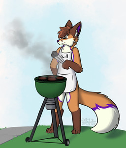 4_toes anthro apron apron_only big_tail brown_body brown_fur burger clothing cooking_tongs dipstick_tail ear_piercing eyes_closed feet femboy food fur grass grill kitchen_utensils male markings orange_body orange_fur outside piercing plant purple_body purple_fur rainbow_piercings smile solo standing tail tail_markings toes tongs tools white_body white_fur kelaskie_(artist) mochafox_(itsmochafox) canid canine fox mammal red_fox true_fox absurd_res hi_res