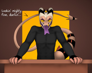 anthro clothed clothing facial_hair fangs front_view furniture glowing glowing_eyes leaning leaning_forward leaning_on_table looking_at_viewer male markings mustache naughty_face open_mouth open_smile purple_tongue sharp_teeth shirt smile solo spade_tail speech_bubble standing striped_markings striped_tail stripes table tail tail_markings teeth text tongue tongue_out topwear yellow_eyes conditional_dnp electricpants138456 hellaverse helluva_boss striker_(helluva_boss) demon imp 2024 5:4 colored digital_drawing_(artwork) digital_media_(artwork) english_text