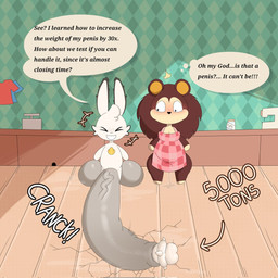 anthro apron balls big_balls big_penis blush brown_body clothing duo female genitals huge_balls huge_penis hyper hyper_genitalia hyper_penis male penis text white_body lokbunny17 animal_crossing nintendo lok_bunny sable_able amoeba_(organism) aquatic eulipotyphlan hedgehog lagomorph leporid mammal rabbit english_text hi_res