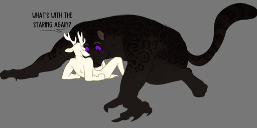 anthro black_body black_fur claws duo fur horn male male/male melanistic predator/prey size_difference text white_body white_fur fish-ears anyan deer felid feline jaguar mammal panthera pantherine english_text hi_res