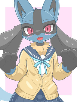 ambiguous_gender anthro blue_body blush bottomwear clothing ears_up fur fur_tuft looking_at_viewer multicolored_body multicolored_fur red_eyes school_uniform shirt simple_background skirt smile solo topwear tuft uniform yellow_clothing yellow_shirt yellow_topwear sankoh_test nintendo pokemon generation_4_pokemon lucario pokemon_(species) 3:4 hi_res