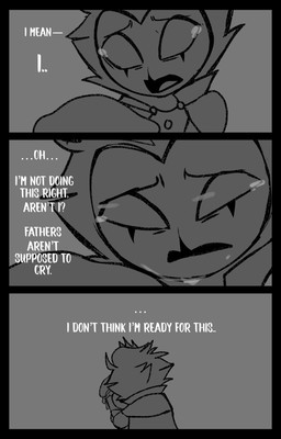 anthro bodily_fluids cape clothing crown crying dialogue formal_clothing formal_wear grey_background hair headgear male short_hair simple_background smile solo tears text toy white_text teathekook hellaverse helluva_boss stolas_(helluva_boss) avian bird owl owl_demon comic hi_res monochrome