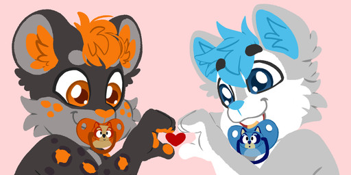 ambiguous/ambiguous ambiguous_gender anthro baby_on_baby duo eyebrow_through_hair eyebrows hair heart_symbol neonate pacifier pink_background simple_background smile translucent translucent_hair young young_ambiguous young_anthro young_on_young wuta-tumaki canid canine canis domestic_dog felid mammal pantherine wolf 2:1 absurd_res hi_res