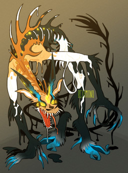 4_eyes ambiguous_gender black_body black_horn blue_claws blue_hooves blue_horn bodily_fluids claws drooling fangs finger_claws gradient_background hooves horn markings multi_eye open_mouth orange_body saliva sharp_teeth simple_background solo tail tail_tuft teeth text tuft white_body yellow_eyes yellow_markings 0ct0m0n0 goo_creature monster artist_name hi_res
