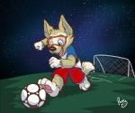 3_toes anthro ball barefoot feet male mascot net pawpads paws pink_pawpads plantigrade russia russian soccer soccer_ball soccer_field soles solo sport toes world_cup pandapaco fifa zabivaka canid canine canis mammal wolf 2016 digital_media_(artwork) shaded