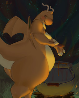 antennae_(anatomy) anthro belly big_belly blush breasts brown_eyes cauldron claws cooking cutlery featureless_breasts female food horn kitchen_utensils looking_at_viewer medium_breasts night nude orange_body orange_skin outside overweight overweight_anthro overweight_female slightly_chubby slightly_chubby_anthro slightly_chubby_female smile solo soup spoon tail thick_thighs tools wide_hips wings pazzl nintendo pokemon dragonite generation_1_pokemon pokemon_(species) hi_res