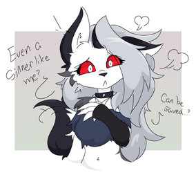 anthro belly black_body black_fur clothing collar crop_top dialogue female fur grey_hair hair long_hair looking_at_viewer navel red_sclera shirt solo spiked_collar spikes tail tail_motion tailwag text topwear white_body white_eyes white_fur guzzlord420 hellaverse helluva_boss mythology loona_(helluva_boss) canid canid_demon canine demon hellhound mammal mythological_canine mythological_creature 2025 digital_drawing_(artwork) digital_media_(artwork) english_description english_text hi_res