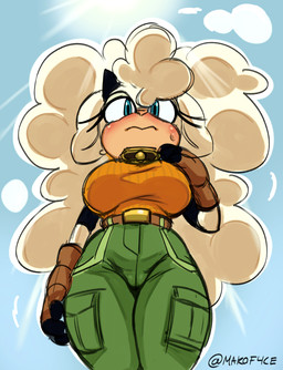 anthro bell bell_collar big_breasts blush breasts clothing collar female fingerless_gloves fur gloves handwear horn low-angle_view solo wool_(fur) worm's-eye_view makof4ce idw_publishing sega sonic_the_hedgehog_(comics) sonic_the_hedgehog_(idw) sonic_the_hedgehog_(series) lanolin_the_sheep_(sonic) bovid caprine mammal sheep absurd_res hi_res