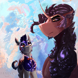armor bat_wings breastplate brown_body brown_fur brown_hair cloud detailed_background duo facial_hair facial_scar feral fluffy fluffy_chest fur glistening glistening_body glistening_eyes grey_body grey_fur hair headgear helmet horn male membrane_(anatomy) membranous_wings scar sky skyscape wings fangyy friendship_is_magic hasbro my_little_pony mythology fan_character night_guard_(mlp) royal_guard_(mlp) bat_pony classical_unicorn equid equine horse mammal mythological_creature mythological_equine pony unicorn 1:1 2025 detailed digital_drawing_(artwork) digital_media_(artwork) hi_res painting_(artwork) shaded