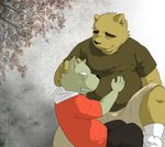 anthro belly bottomwear clothing duo eyes_closed hoodie hug humanoid_hands kemono male overweight overweight_male shirt shorts sitting topwear hasukichi bear canid canine canis domestic_dog mammal 2010