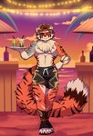 alcohol anthro bar beach beverage bubble_tea bulge chest_tuft clothing cocktail feet footwear hand_on_hip male pecs sandals shoes solo stripes sunset swimming_trunks swimwear toes tuft waiter zairuz ramen_(noodelicious) ailurid felid hybrid mammal pantherine red_panda tiger absurd_res hi_res