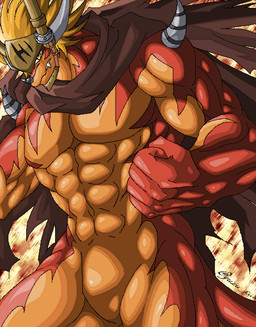 abs anthro biceps blonde_hair hair horn male multicolored_body obliques orange_body orange_skin pecs solo guzu_kuo bushiroad future_card_buddyfight mythology drum_bunker_dragon dragon mythological_creature mythological_scalie scalie