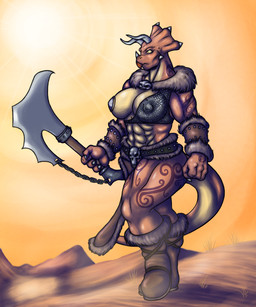 abs anthro axe big_breasts bone_frill breasts clothed clothing female frill_(anatomy) frown horn melee_weapon muscular muscular_anthro muscular_female nipple_outline non-mammal_breasts outside solo tail tattoo weapon lordstevie ceratopsian ceratopsid chasmosaurine dinosaur marginocephalian ornithischian prehistoric_species reptile scalie triceratops 5:6