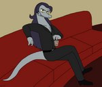 anthro bent_legs beverage clothed clothing crossed_legs furniture grey_body hair leg_over_thigh looking_at_viewer male missing_finger sitting smile sofa solo yellow_eyes grovylefangirl1997 disney star_vs._the_forces_of_evil toffee_(svtfoe) lizard reptile scalie