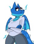 anthro blue_body blue_eyes breasts clothed clothing crossed_arms female simple_background solo tail thick_thighs unimpressed wings enderbendr clash_royale mythology supercell_(company) electro_dragon_(clash_royale) levina_(endrslendr) dragon mythological_creature mythological_scalie scalie digital_media_(artwork)