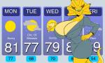 anthro big_breasts bone_frill breasts brown_horn cleavage clothed clothing eyelashes fahrenheit female frill_(anatomy) green_eyes hand_on_hip head_crest head_frill horn huge_breasts looking_at_viewer news news_report nipple_outline non-mammal_breasts smile solo standing suit text weather_report yellow_body conditional_dnp zp92 ashley_topps ceratopsian dinosaur ornithischian prehistoric_species reptile scalie triceratops 2016 5:3 absurd_res digital_media_(artwork) english_text hi_res