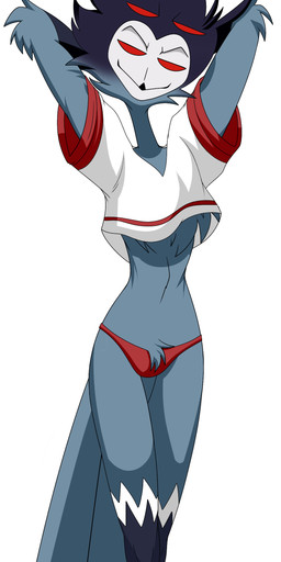 anthro chest_tuft clothed clothing crop_top feathers femboy grey_body grey_feathers looking_at_viewer male navel red_clothing red_eyes red_thong red_underwear shirt simple_background solo tail thong topwear tuft underwear white_background darkshiner8 hellaverse helluva_boss stolas_(helluva_boss) avian bird demon owl owl_demon absurd_res hi_res