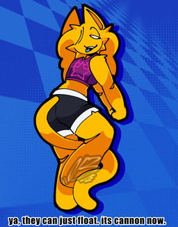 ambiguous_gender anthro athletic_wear blue_background blue_mouth bottomwear breasts cat_tail clothing crop_top empty_eyes fur gym_bottomwear gym_shorts gynomorph gynomorph/ambiguous hair intersex intersex/ambiguous medium_hair pose shirt shorts simple_background small_breasts topwear yellow_body yellow_fur 0wzo_boz0 karppy felid feline mammal hi_res