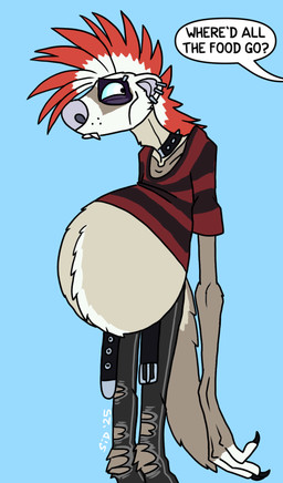 akimbo alternative_fashion anthro belly belly_expansion belt big_belly biped black_bottomwear black_clothing black_eyelids black_nails black_pants bloated blue_background blue_eyes bottomwear choker clothed clothing colored_nails denim denim_bottomwear denim_clothing dialogue ear_piercing expansion footwear highlights_(coloring) huge_belly jeans jewelry looking_at_another male mohawk multicolored_body nails necklace open_belt pants pattern_clothing pattern_shirt pattern_topwear piercing punk red_clothing red_highlights red_shirt red_topwear ribs sharp_teeth shirt simple_background skinny solo speech_bubble striped_clothing striped_shirt striped_topwear stripes studs stuffing t-shirt teeth text thin_arms thin_legs topwear tuft punkrockvampire jarvis_(punkrockvampire) domestic_ferret mammal mustelid musteline true_musteline weasel 2021 2025 english_text signature