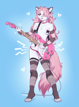 4_toes 5_fingers alternative_fashion anthro biped breasts broken_heart chest_tuft choker clothed clothing covered_nipples electric_guitar emo feet female fingers fishnet_clothing fishnet_legwear fluffy fluffy_tail fur guitar hair inner_ear_fluff jewelry legwear long_hair long_tail multicolored_body multicolored_fur musical_instrument necklace nipple_tape partially_clothed pasties pink_eyes pink_hair plucked_string_instrument simple_background small_breasts solo standing string_instrument tail tape toes tuft white_body white_fur crydogg domestic_cat felid feline felis mammal hi_res