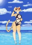 4_toes anthro barefoot beach bikini claws clothed clothing eyewear eyewear_on_head feet female fur looking_at_viewer sea seaside sky smile solo spots sunglasses sunglasses_on_head swimwear toes tuft two-piece_swimsuit water mangakitsune2 akino_(el-k) cheetah felid feline mammal 2022 digital_media_(artwork) hi_res