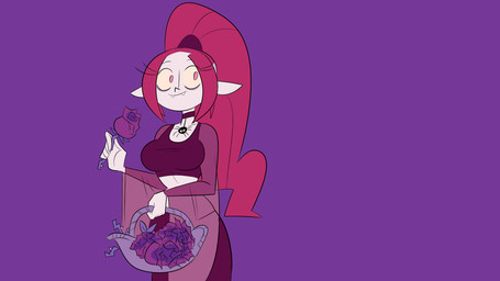 alternative_fashion basket breasts clothed clothing collar container ear_tails fangs female flower goth grey_body grey_skin hair jewelry long_hair midriff necklace not_furry pink_eyes plant ponytail red_hair robe smile solo teeth trad_goth herny school_for_vampires gruftine humanoid undead vampire 16:9 widescreen