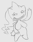 anthro breasts female genitals hand_on_hip hand_on_own_hip nude pose pussy raised_hand smile solo standing tail zipper zipper_mouth roccorox nintendo pokemon banette generation_3_pokemon pokemon_(species) 2017 digital_media_(artwork) greyscale monochrome sketch