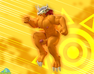 anthro armor balls big_muscles big_pecs claws crest_of_courage digimon_crest erection genitals glans green_eyes hair headgear helmet horn horned_helmet male midair muscular muscular_male nipples nude orange_background orange_body orange_skin pecs penis red_hair simple_background solo symbol white_claws albalbalb bandai_namco digimon digimon_(species) wargreymon 2026 3d_(artwork) digital_media_(artwork) hi_res watermark
