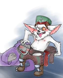 anthro blind_eye blush bodily_fluids boots bottomwear bottomwear_down bulge chin_tuft clothed clothing dominant drooling duo ear_piercing facial_tuft footwear fur hat head_grab headgear headwear male nipples open_mouth pants pants_down partially_clothed piercing saliva scar shoes standing struggling teeth tongue tongue_out topless tuft white_body white_fur hotoshuken league_of_legends riot_games tencent anon kled_(lol) human humanoid mammal yordle