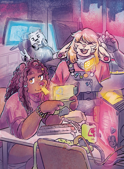 :3 >_< ambiguous_gender anthro beverage_can bracelet cable chair charging_cable clothed clothed_anthro clothing computer computer_keyboard computer_screen ear_piercing electronics eyelashes eyes_closed facial_piercing female furniture gesture group hand_gesture happy headphones headphones_around_neck heart_symbol jewelry looking_at_viewer nose_piercing overalls piercing robot_arm sitting smile trio v_sign vr_headset lenny_(artist) netrunnerdb bear lagomorph leporid mammal rabbit 2025 digital_media_(artwork) digital_painting_(artwork) hi_res painting_(artwork)
