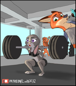 abs anthro athletic athletic_female athletic_wear barbell barbell_squats black_border border clothed clothing crouching detailed_background duo exercise exercise_clothing female grey_body male open_mouth squats weightlifting weights whistling workout link6432 disney zootopia judy_hopps nick_wilde canid canine canis fox lagomorph leporid mammal rabbit red_fox true_fox