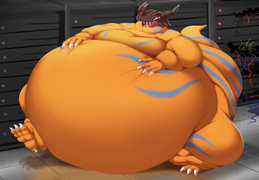 belly big_belly horn huge_belly male morbidly_obese obese orange_body overweight solo shweetmagnet bandai_namco digimon digimon_(species) greymon 2026 hi_res