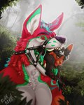 anthro anthro_pred belly big_belly black_body black_fur bodily_fluids colored_mouth dripping eyewear eyewear_on_head facial_piercing fangs fluffy forest forest_background fur glistening glowing_insides goggles goggles_on_head gradient_fur green_pawpads harness imminent_vore larger_male larger_pred magenta_body magenta_fur male male_pred male_prey markings nature nature_background nose_piercing open_mouth oral_vore orange_body orange_eyes orange_fur pawpads piercing plant pupils saliva saliva_on_tongue saliva_string size_difference slit_pupils synthwave teal_body teal_fur teeth throat tongue tongue_out tongue_piercing tree vore white_body white_fur ruhh-roh retro_(mythdawuff) gremlin hyena mammal absurd_res hi_res