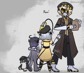4_fingers black_bottomwear black_clothing black_pants bottomwear brown_clothing brown_coat brown_jacket brown_topwear clothing coat dress female fingers grey_hair group hair hat headgear headwear holding_object holding_toy jacket machine male mechanical_arm mechanical_leg mechanical_tail not_furry pants platinum_blonde screen screen_eyes screen_face smile syringe tail topwear toy trio white_hair yellow_clothing yellow_dress yellow_eyes bloomvictoryart glitch_productions murder_drones n_(murder_drones) disassembly_drone humanoid robot robot_humanoid tailed_humanoid worker_drone hi_res daughter_(lore) father_(lore) father_and_child_(lore) father_and_daughter_(lore) father_and_son_(lore) parent_(lore) parent_and_child_(lore) parent_and_daughter_(lore) parent_and_son_(lore) son_(lore)