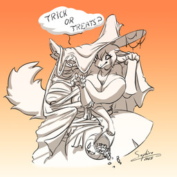 accessory anthro bed_sheet bedding bedsheet_ghost big_breasts breasts candy clothing costume dessert duo female female/female food genitals halloween_bucket halloween_costume happy hat headgear headwear holidays huge_breasts magic_user mummy_costume mummy_wrappings open_mouth tail tongue tongue_out trick-or-treating vulva witch witch_costume witch_hat saphirathefur halloween iria_(inky_x) saphira_(saphirathefur) aquatic canid canine fish hybrid mammal shark 1:1 hi_res trans_(lore) trans_woman_(lore)