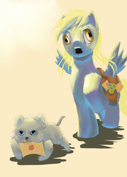 amber_eyes ambiguous_gender bag blonde_hair blue_eyes brown_background derp_eyes duo envelope feathered_wings feathers female feral fur grey_body grey_feathers grey_fur hair mail open_mouth simple_background white_body white_fur wings danosix friendship_is_magic hasbro my_little_pony mythology derpy_hooves_(mlp) canid canine canis domestic_dog equid equine mammal mythological_creature mythological_equine pegasus 2012