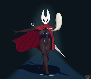 animal_genitalia anthro balls big_breasts black_body blue_nipples blue_penis bodily_fluids breasts cloak clothing cum ejaculation equine_genitalia erection genital_fluids genitals gynomorph intersex mask melee_weapon mostly_nude mostly_nude_gynomorph nipples penis solo sword weapon capitanharisma hollow_knight_(franchise) team_cherry hornet_(hollow_knight) arthropod absurd_res alternate_version_at_source hi_res