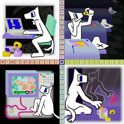 4_panel_comic ambiguous_gender anthro biped blood blue_eyes bodily_fluids cable calendar container cup desk duo electronics furniture heart_(organ) holding_object mug organs reflection rewind sitting solo table television text white_body x_eyes bugfoe duplo garfield_(series) nintendo rhythm_heaven garfield_the_cat homestar_runner_(character) canid mammal 1:1 english_text hi_res multiple_scenes