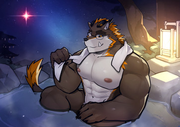 anthro anthrofied hot_spring male muscular muscular_anthro muscular_male night nude onsen partially_submerged solo steam water lokabrenna redino samwong mammal absurd_res hi_res