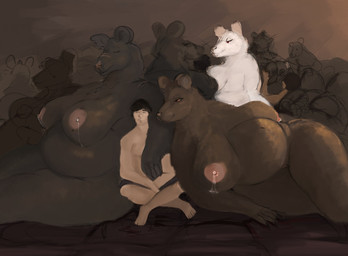 anthro big_breasts bodily_fluids breasts female genitals group harem interspecies interspecies_pregnancy lactating larger_anthro larger_female male male/female multiple_pregnancies nipples pregnant pregnant_anthro pregnant_female size_difference smaller_human smaller_male vulva doctordj human mammal murid murine rat rodent hi_res