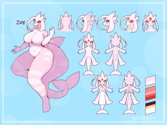 anthro big_breasts breasts female fin looking_at_viewer orange_eyes pink_body red_eyes text white_body zegorav zeg_(zegorav) hybrid reptile scalie 2025 4:3 absurd_res artist_name colored digital_media_(artwork) english_text hi_res shaded