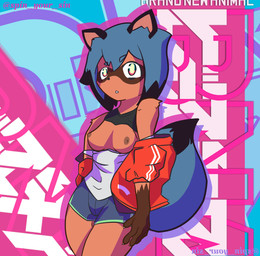 anthro areola black_highlights blue_hair bottomwear bra breasts brown_body brown_fur brown_nipples claws clothed clothing clothing_aside dipstick_tail exposed_breasts facial_markings female fur gloves_(marking) hair head_markings highlights_(coloring) jacket logo_background looking_at_viewer markings mask_(marking) medium_breasts nipples off_shoulder partially_clothed raised_bra raised_clothing raised_underwear shirt_down shorts simple_background solo standing tail tail_markings text topwear underwear spin_your_sin brand_new_animal studio_trigger michiru_kagemori canid canine mammal raccoon_dog tanuki 2020 absurd_res artist_name digital_media_(artwork) hi_res portrait three-quarter_portrait