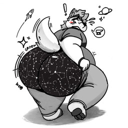 anthro belly big_belly big_butt biped blush blush_lines bodily_fluids boxer_briefs butt butt_expansion clothing exclamation_point expansion flying_sweatdrops hair huge_belly huge_butt huge_hips huge_thighs hyper hyper_butt hyper_thighs inner_ear_fluff looking_back male obese obese_anthro obese_male overweight overweight_anthro overweight_male pattern_clothing pattern_underwear pawpads raised_leg rear_view solo speech_bubble sweat sweatband sweatdrop tail thick_thighs thigh_expansion tuft underwear wide_hips wwwonderpuff wonderpuff_(character) canid canine canis coyote mammal 1:1 hi_res monochrome